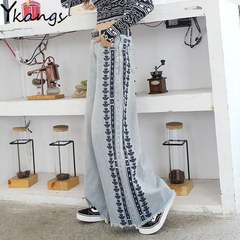 

Ethnic Embroidery Women Denim Pants Plus Size Chain Loose Full Long Wide Leg Jeans Large Size All-match Casual Female Streetwear