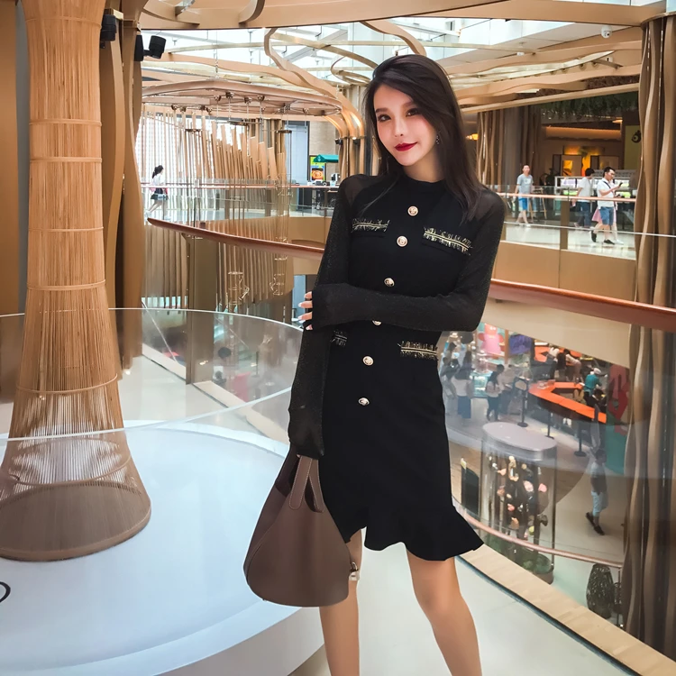 Новинка 2019 Осеннее женское мини-платье с оборками однобортное из кусков