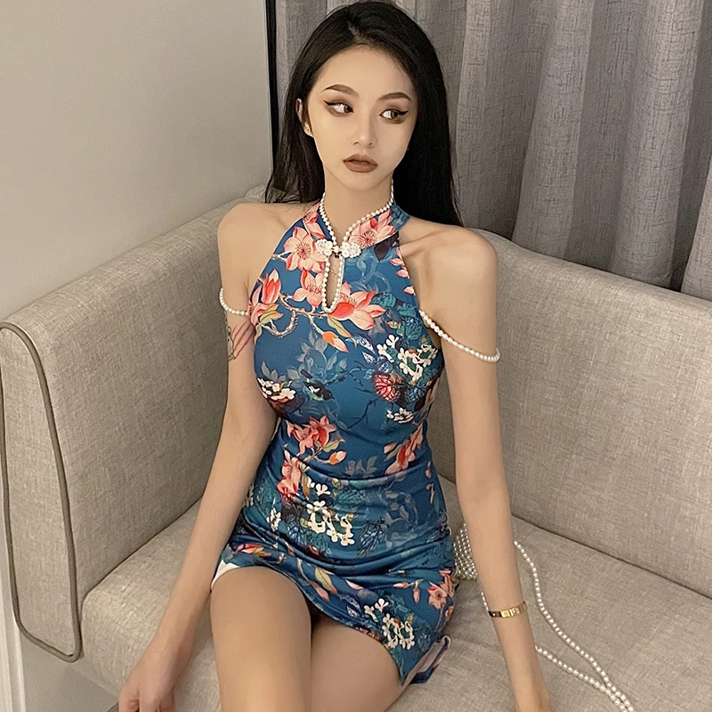 Qipao Retro de perlas azules para mujer, vestido Sexy de estilo chino con estampado de flores, Cheongsam francés ajustado, para club nocturno y Bar