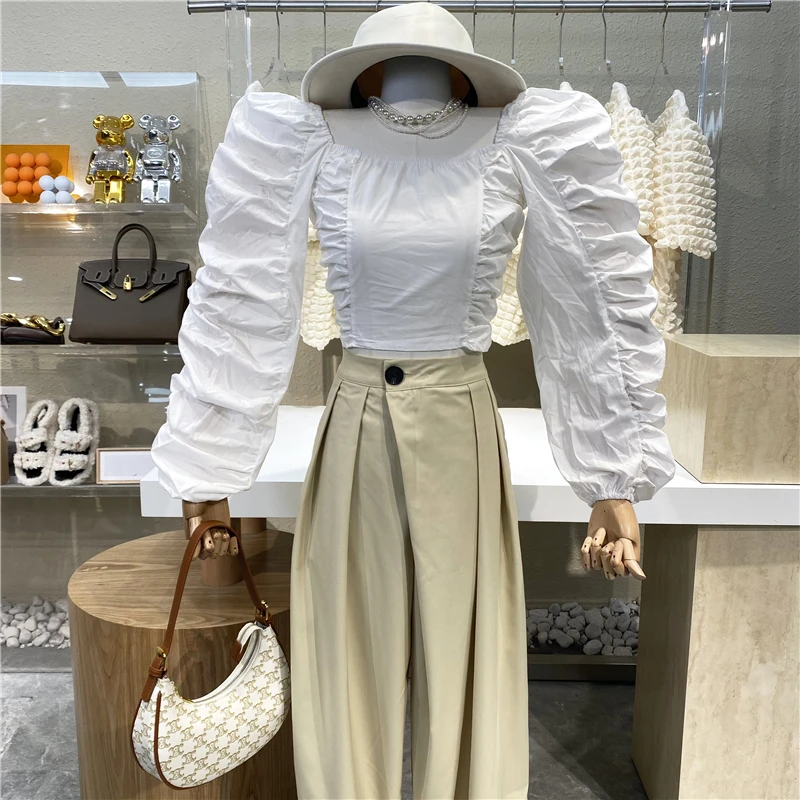 

Новая Милая Короткая рубашка с квадратным вырезом модный жареный уличный топ с высокой талией и открытым пупком с пузырьковым рукавом тонк...