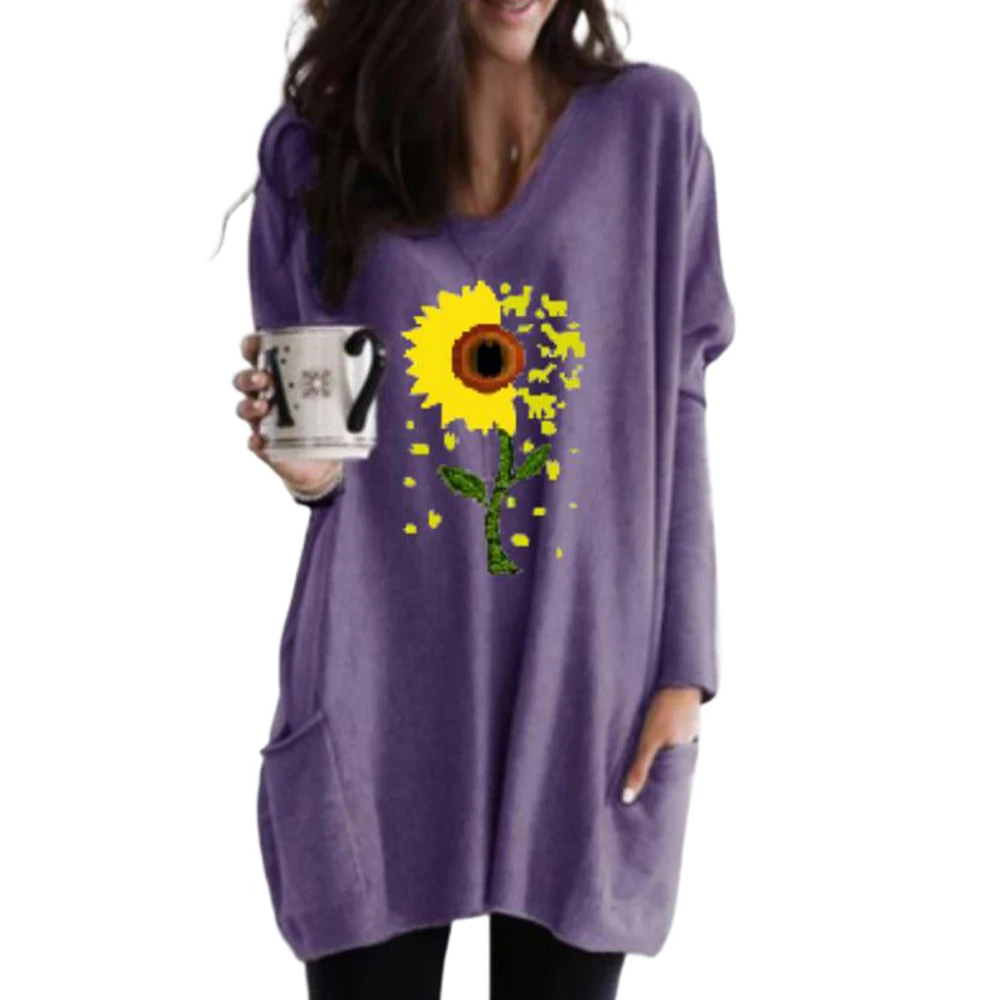 

Debracat V-Neck Floral Print Tee Women Pockets Casual Black Spring Casual Sunflower Print Loose Autumn Long Sleeve Tops T-shirt