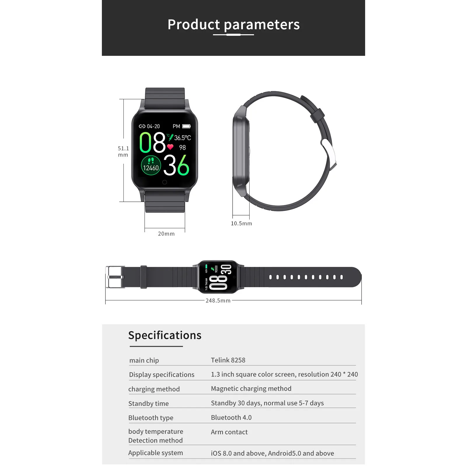 

T96 Smart Watch For Heart Rate Body Temperature Monitor Sport Smart Watch
