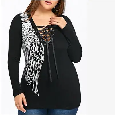 Plus Size Tie Up Wings Print Lace Panel Top Tshirt Women 2020 Autumn Tops Sexy Loose Long Sleeve Large 5XL WF612 | Женская одежда