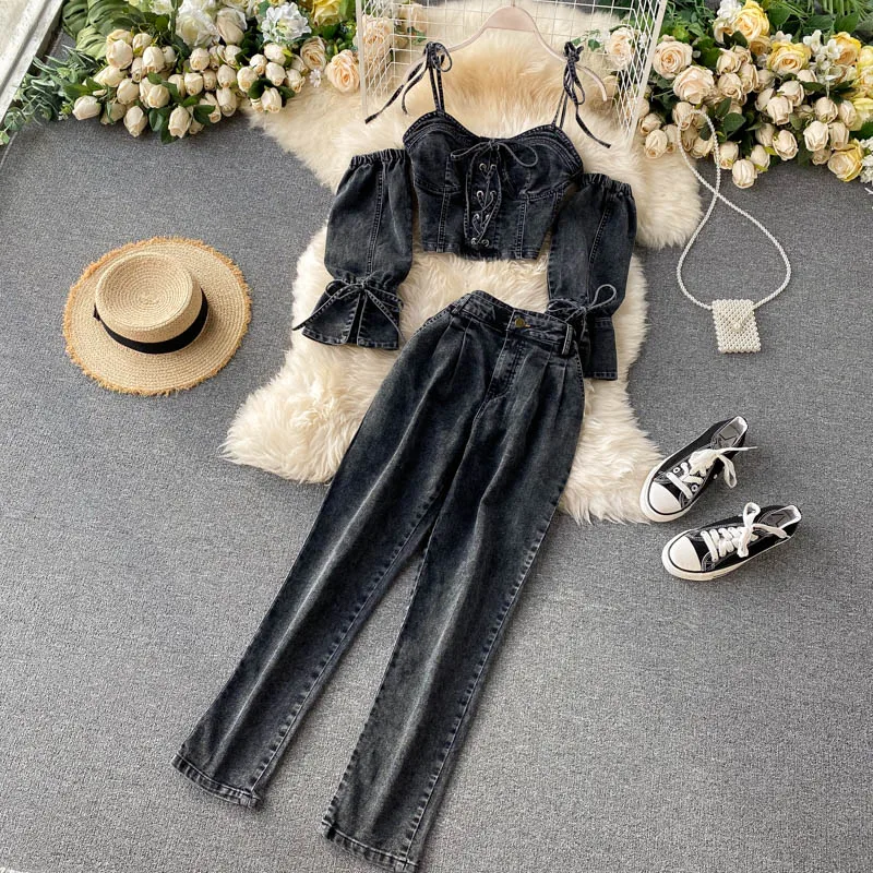 

Amolapha Women Off Shoulder Slash Neck Puff Sleeve Denim Jumper Tops+ Denim Pants Suit Jeans Trousers 2PCS Sets