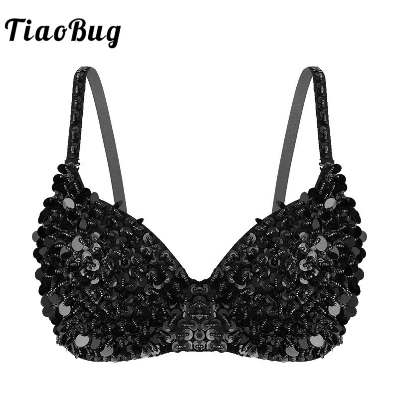 TiaoBug Women Adjustable Straps Shiny Sequins Beading Padded Bra Tops Festival Rave Performance Club Wear Belly Dance Costume |