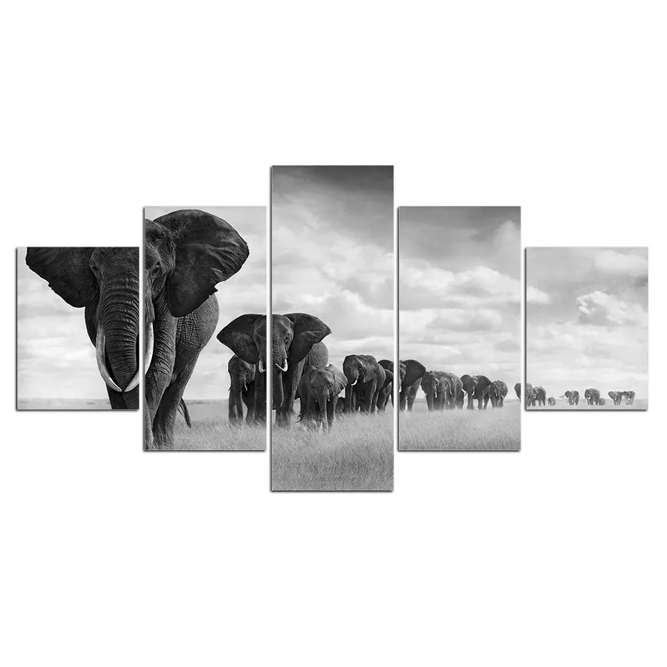 HD Prints Picture Home Decor 5 Panel Elephant Paintings Canvas Modular Grassland Landscape Poster For Bedroom Wall Art Framework | Дом и сад