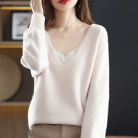 sexy low cut v neck womens pure wool sweater fallwinter new large size loose knit all match pullover pure color jacquard top
