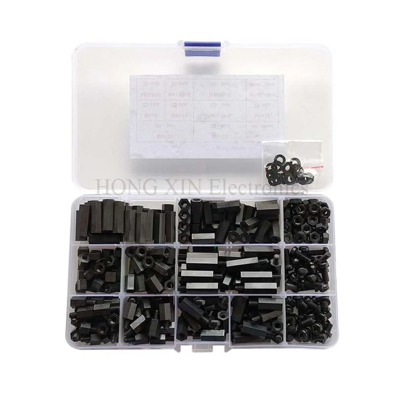 

320pcs M4*6/10/15/20 Black Nylon Two Way Hex Column Standoff Spacers Screw Nut & Screw Set