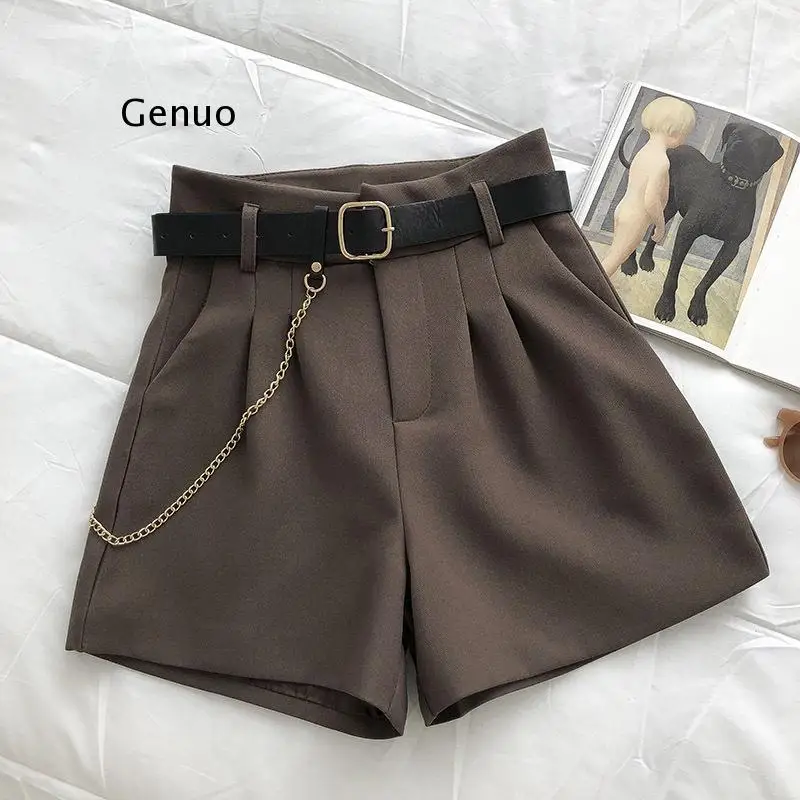 

2021 New Casual Comfortable Elegant Wild Shorts With Belt Women's Woolen Shorts Autumn Winter Slim Wide Leg A-line Shorts