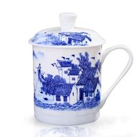 chinese style bone china jingdezhen blue and white porcelain tea cup office drink water cup with lid travel teaware