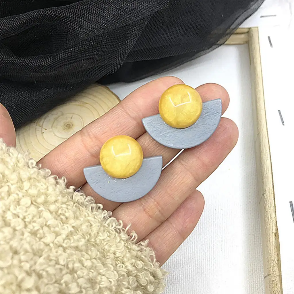 

1 Pair Acrylic Wood Ear Studs Geometric Semicircular Ball Color Stitching Earrings Women Fashion Jewelry Birthday Present Gifts