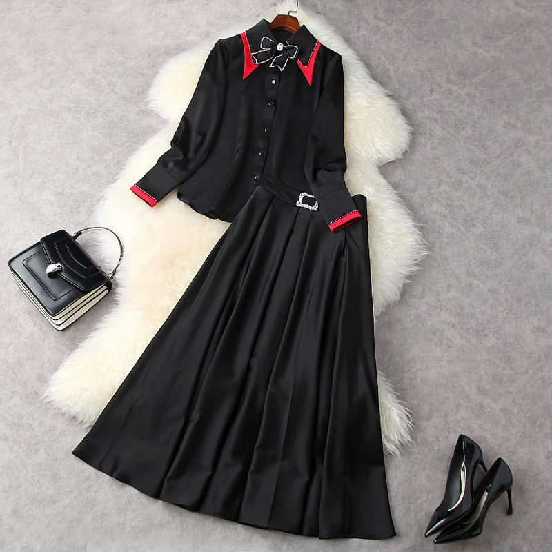 Black Skirt Suits For Women 2022 Spring Summer Turn Down Collar Bow Long Sleeved Loose Shirt Top + Pleated Skirt Two Piece Sets