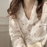 qweek pajamas for women korean summer loungewear sleepwear sets ruffle pijama japanese home suit pyjamas cherry print pizama