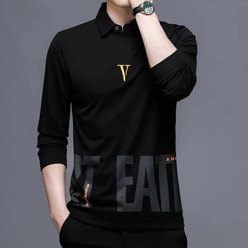 Top Grade Fake Two New Fashion Designer Brand Collared Knit Pullover Sweater Trendy Casual Black Collaree Autum Jumper Men images - 6