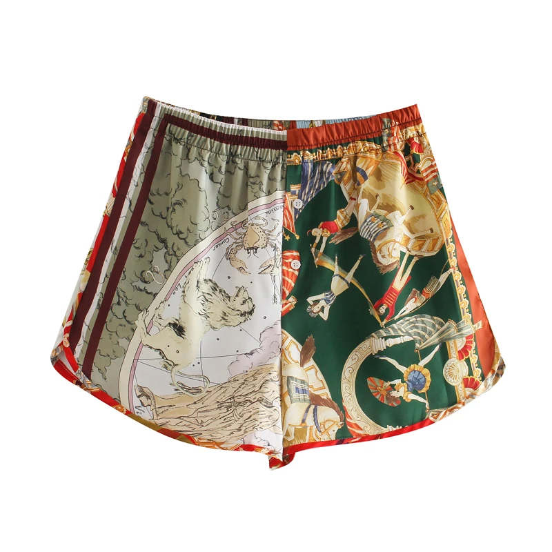 

Artist Satin Print Shirt Pajama Suits Women Elastic Waist Wide Leg Shorts Loose Blouse Tops 2 Pieces Set 2021 Summer YNZZU 1T062