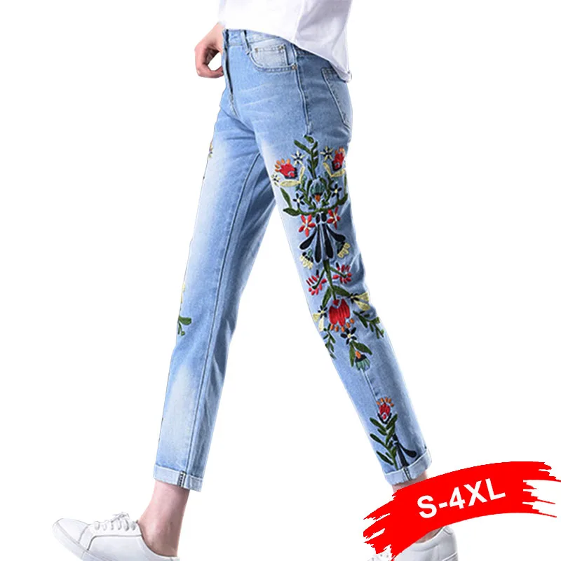 Летние джинсы с цветочной вышивкой длиной до щиколотки Женский светильник синие