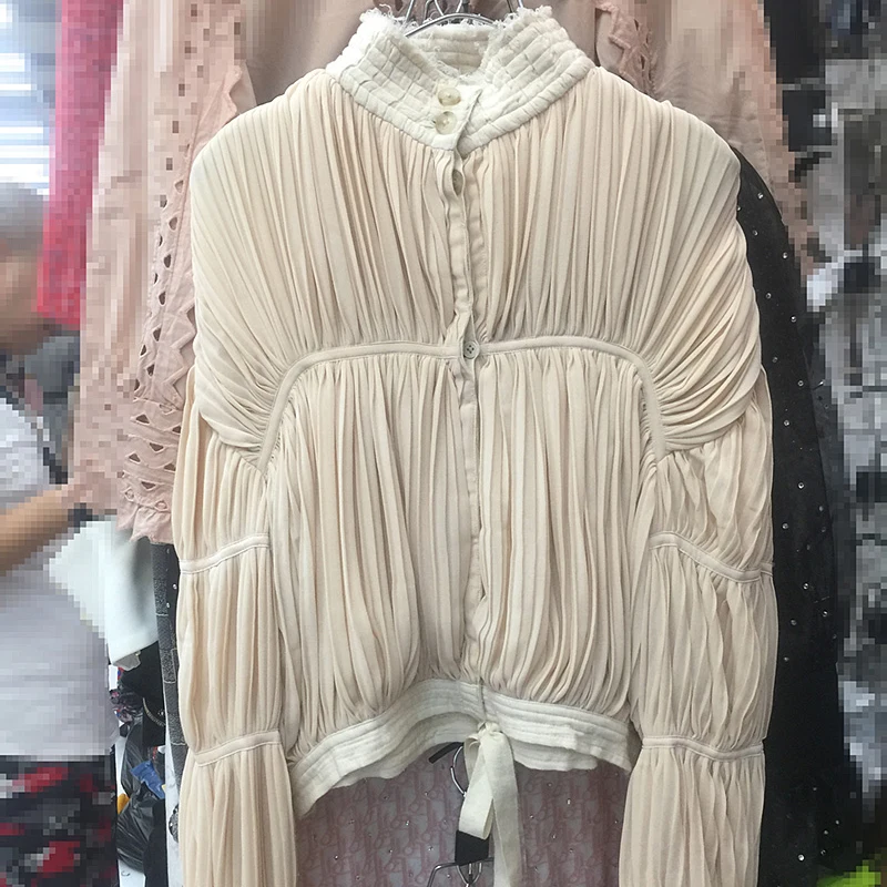 

MENKAY32 Ruched Chiffon Coat For Women Stand Collar Flare Sleeve Lace Up Bowknot Elegant Coats Female 2020 Autumn Fashion New