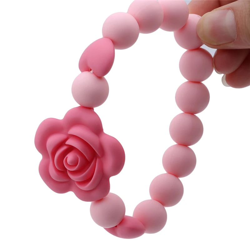 Mordedores de beb&eacute; con cuentas de flores rosas, mordedor de dientes entrenamiento, cadena de silicona de grado alimenticio para ni&ntilde;os-5