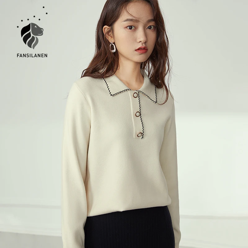 

FANSILANEN Retro White Polo Knitted Sweater Women Autumn Winter Elegant Warm Pullovers Female Embroidery Casual Jumper Tops 2020