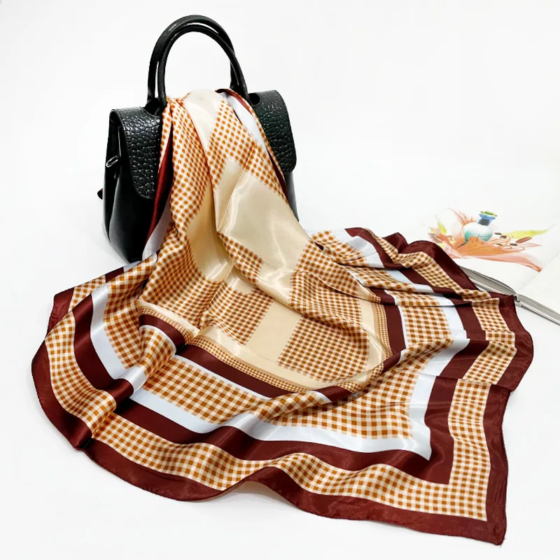 

90cm Silk Scarf Women's 2021 New Plaid Printed Square Scarf Simulated Silk Satin Scarf Shawl Scarf Spring and Autumn