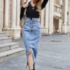 Женская винтажная джинсовая юбка-футляр, однобортная юбка-карандаш средней длины с высокой талией и разрезом спереди, весна-осень 2021