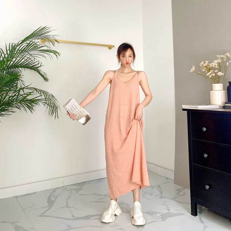 

Casual Women's Dress 2021 Summer New Sweet Sleeveless Sexy V-neck Simple Loose Waist Sling Long Skirt