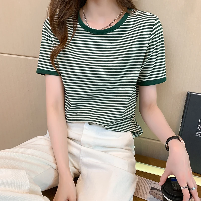

Fashion Tee Shirt Solid Color Basic T Shirt Women Casual O-neck Harajuku Summer Top Korean Hipster stripeTshirt