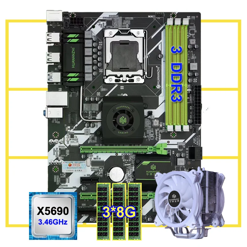 Online HUANANZHI Deluxe X58 LGA1366 Motherboard Mit 3 RAM Slots CPU Xeon X5690 Mit Kühler Big Marke RAM 24G(3*8G) REG ECC Besten Combos