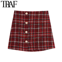 traf women fashion with metal buttons tweed check mini skirt vintage a line high waist female skirts mujer