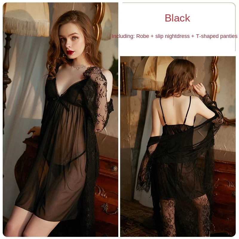 

Длинный халат для сна кружевное женское белье, сексуальная ночная сорочка прозрачное сексуальное нижнее Для женщин пижамный комплект Эрот...