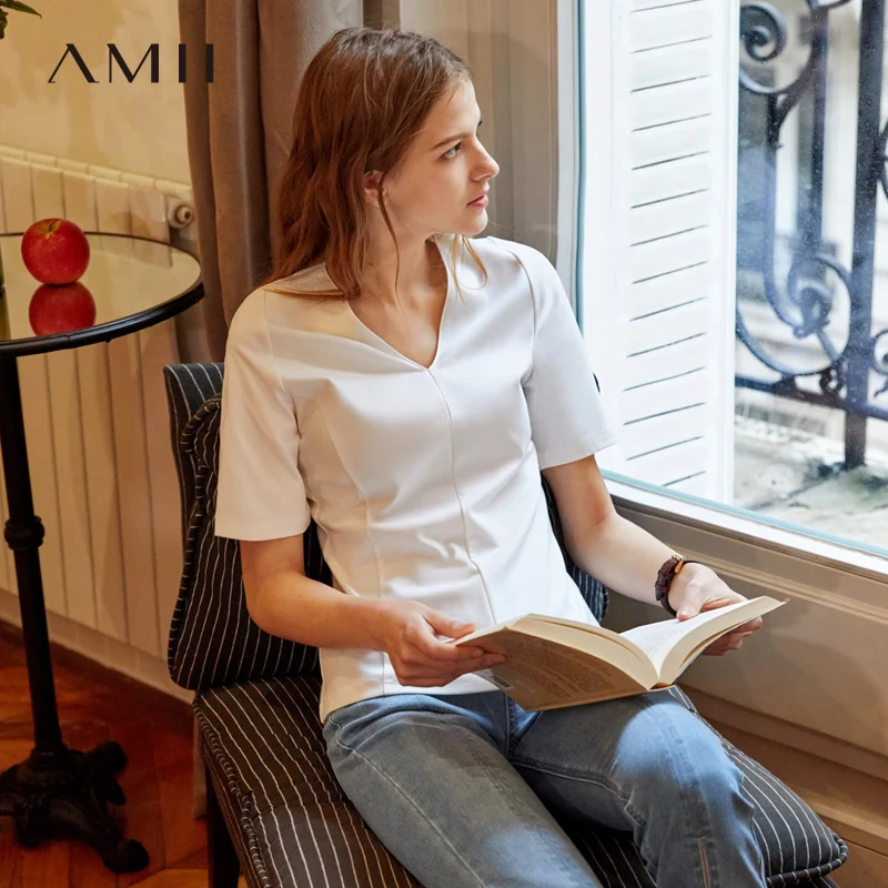 Amii весенне летние женские футболки с v образным вырезом повседневные однотонные