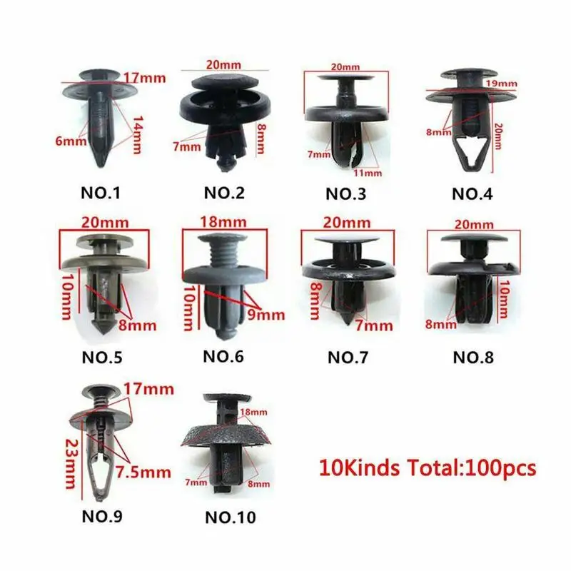 Набор пластиковых заклепок 100 шт комплект для кузова автомобиля бампера крыла