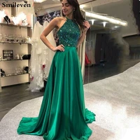 smileven sexy formal evening dress dark green beaded crystal prom gowns backless evening party dress vestido de noche
