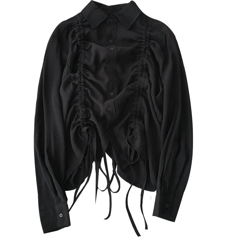 

irregular women blouse 2020 summer new turn-down long-sleeved loose drawstring office lady elegant shirts outwear coat tops
