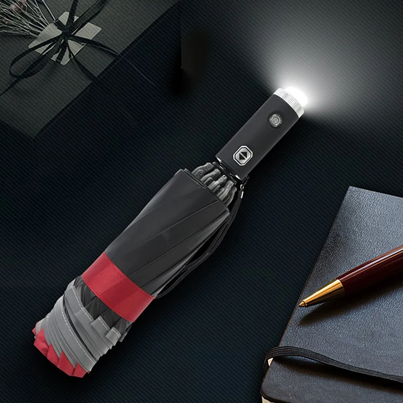 

Automatic Reverse Folding Umbrella LED Reflective Strip Automatic Umbrella Flashlight Three-fold Windproof Car Business Umbrella