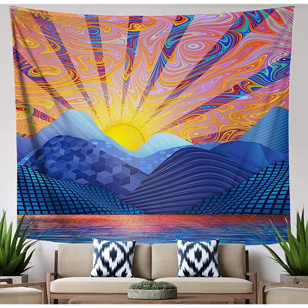 

Psychedelic Sunrise Tapestry, Blue Mountain Trippy Landscape Wall Hanging for Bedroom Living Room Dorm, Large