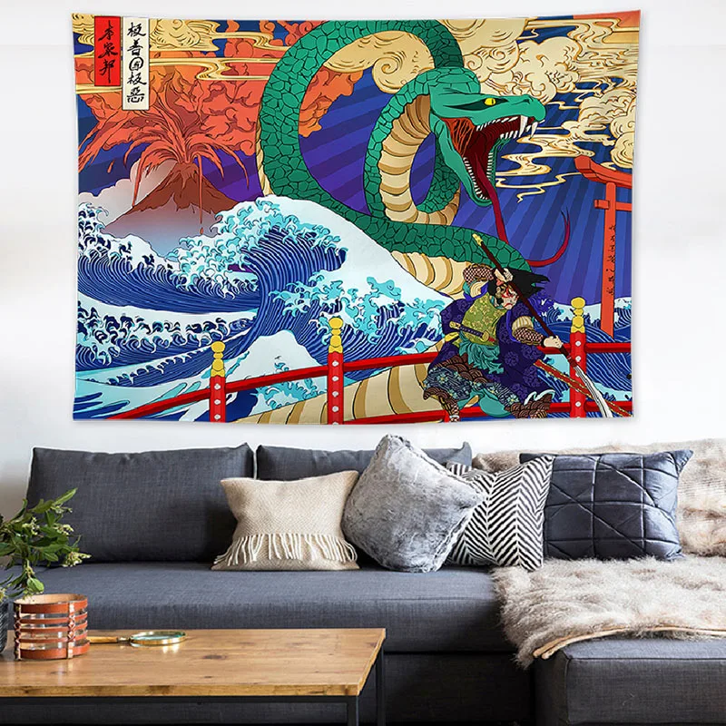 

Japan Kanagawa Waves Printed Hanging Tapestry Whale Arowana Wall Hanging Tapestries Boho Bedspread Yoga Mat Blanket 200*148cm