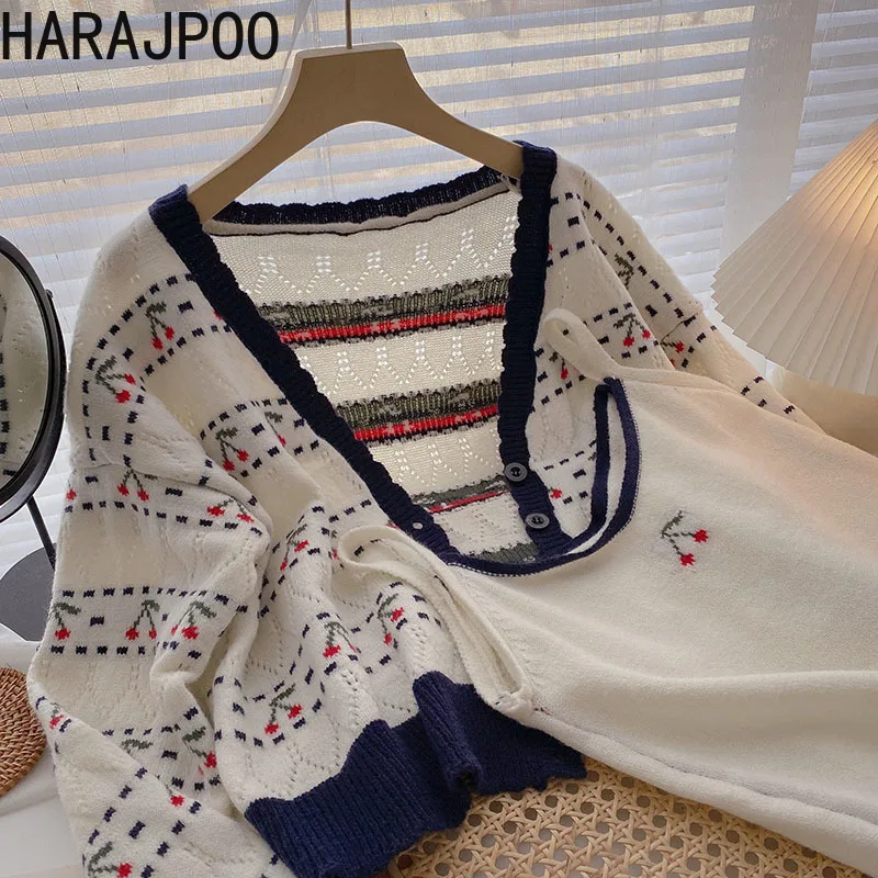 

Harajpoo Cardigans Women 2021 Autumn Korean Retro Fashion Lazy Cropped Long Sleeve Jacquard Knitted Sweater Two Piece Sling Tops