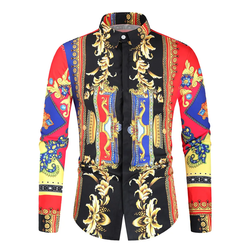 

2021 Spring Autumn High Quality Men's 3D Printed Single-breasted Slimming Retro Long-sleeved Men's Shirts