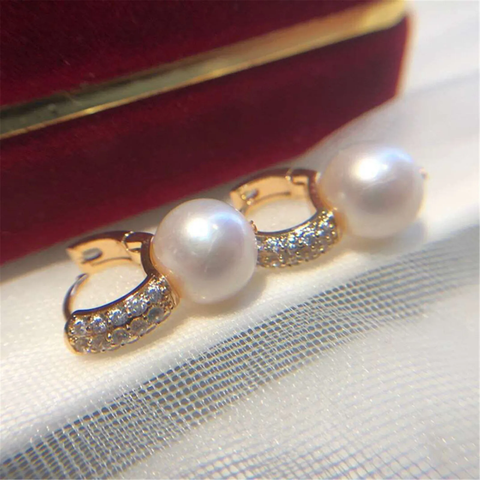 

Button Pearl Earrings Baroque Stud Drop Full Ziron Diamond Earing Clip 10-11mm for Women and Girls