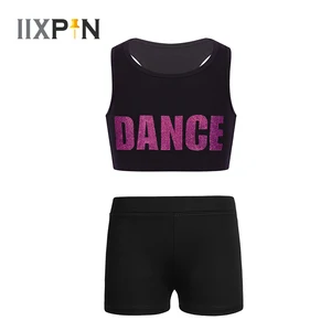 Детская одежда для балета и танцев для девочек, спортивный танцевальный костюм, короткий топ с буквенным принтом и шорты, одежда для сценического танца