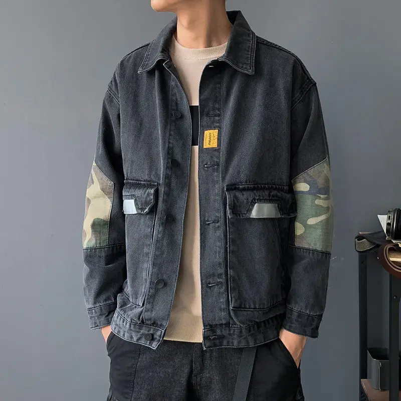 

Spring and Autumn Denim Coat Men's Clothing Loose Camouflage Workwear Jacket Teen Trend Black Denim Jacket Men