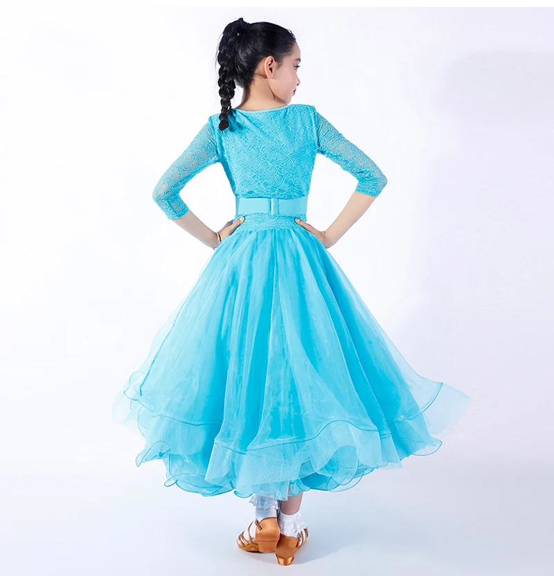 

Blue Ballroom Dance Dresses Children Elegant Lace Sleeve Waltz Competition Dancing Skirt Girls Tango Ballroom Dance Dress