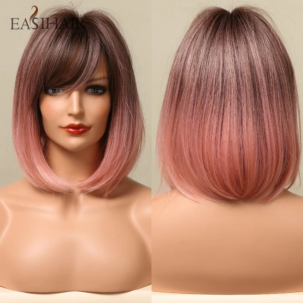 

EASIHAIR Pink Bob Wigs Ombre Pink Straight Natural Hair Wave Bob Synthetic Wigs with Bangs Heat Resistant Cosplay Wig