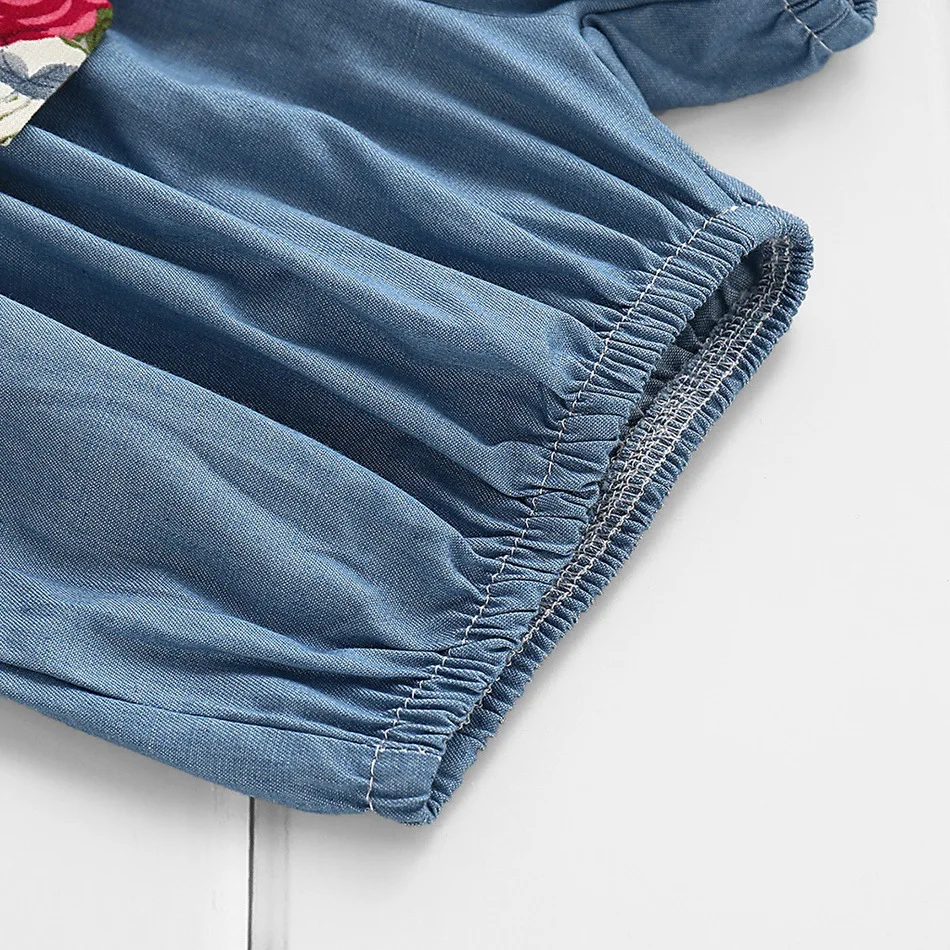 

New Girl Suit European Floral Chiffon Shirt + Denim Shorts 2 Pieces Kids Baby Newborn Bow Belt Short Pants Children Clothing Set