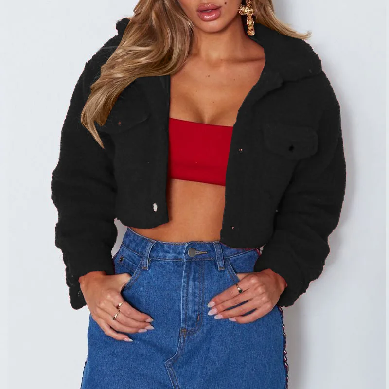 

autumn Winter buttons Sexy Women Coats and Jackets Fashion Long Sleeve Slim Crop Top Women Pockets Casual Jacket Women