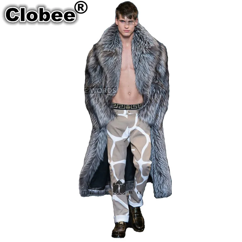 Мужская длинная шуба из искусственного лисьего меха серая Шуба с воротником