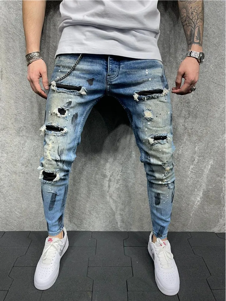Paint Ripped Jeans Men's Jeans Sweatpants Sexy Hole Pants Casual Male Skinny Trousers Slim Biker Outwears Pants European Size