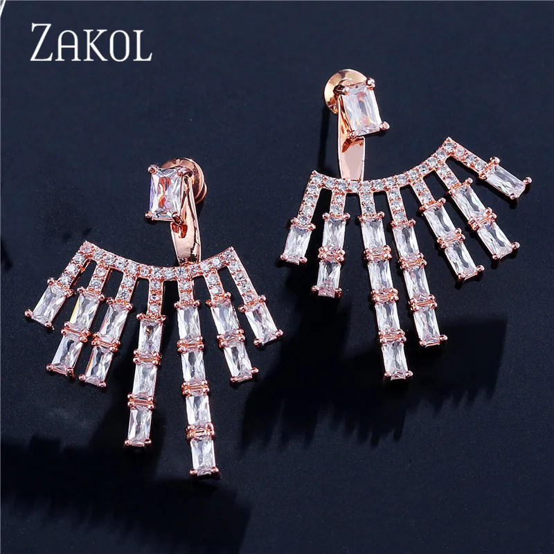 ZAKOL сверкающий фианит багет серьги для женщин белого золота Цвет Свадебная