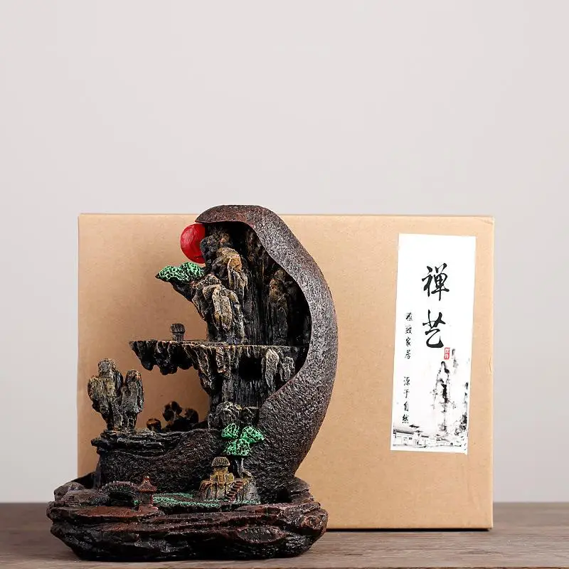 

Smoke Waterfall Backflow Incense Burner Resin Incense Stick Holder With 20 Pcs Cones Lofty Mountains And Flowing Water Ornaments